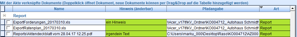 7. Tabelle mit den Dokumenten 