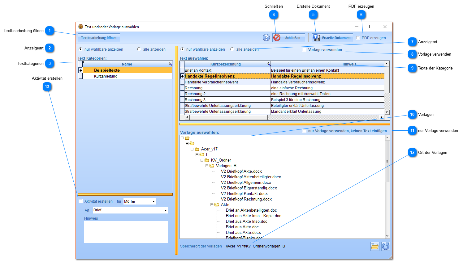 Text und/oder Vorlage auswählen
