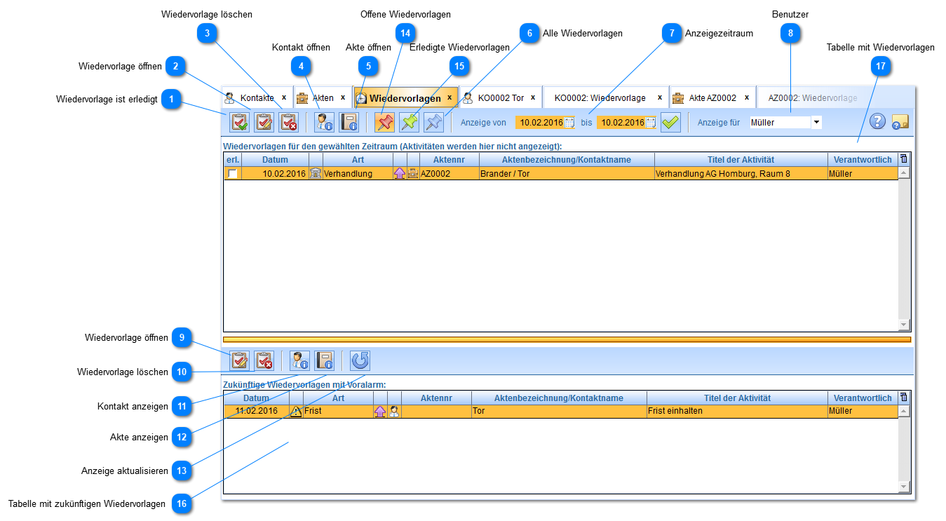 Übersicht Wiedervorlagen